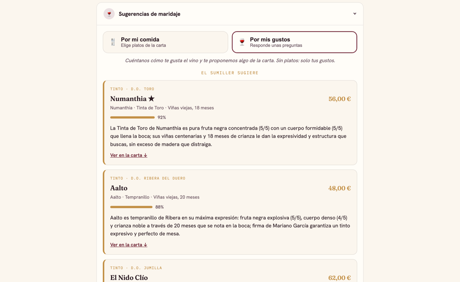 Asistente de maridaje de la carta digital